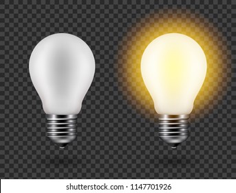 Vector image of a light bulb. Realistic 3d object on a transparent background. The effect of light. The symbol of creativity and ideas. 