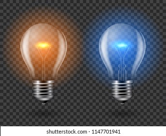 Vector image of a light bulb. Realistic 3d object on a transparent background. The effect of light. The symbol of creativity and ideas. 