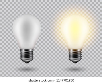 Vector image of a light bulb. Realistic 3d object on a transparent background. The effect of light. The symbol of creativity and ideas. 