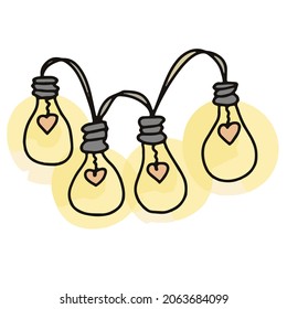 Imagen vectorial de las bombillas como una guirnalda con corazones. Obtenido a mano. Diseño de afiches, postales, invitaciones, impresiones, pegatinas, vacaciones, decoración, logotipo.