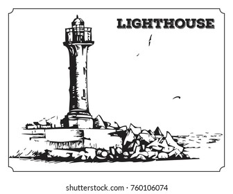 Vector image of lighthouse. Black and white illustration. Coast.