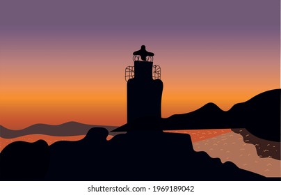 vector image of a lighthouse, mountains, lake and sunset