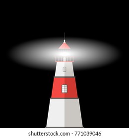 Vector image of a lighthouse on a black background with the light on