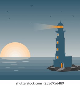 
Vector image of the lighthouse at sunset