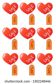 Vector image. I like shopping, sales. Heart and tag with percentage.