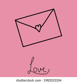 Vector image. Line art love letter. The inscription "Love". Can be used to create designs for posters, postcards, banners.