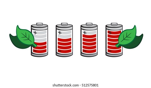 Vector image of a line of batteries with varying levels and leaves