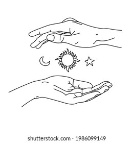 Vector image of linearly drawn hands holding celestial bodies