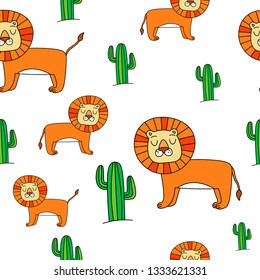 Vector image of a lion. Vector image of a cactus. Seamless pattern with cartoon lion. Image suitable for wrapping paper, children's clothing and bedding. Print cards, banners, posters. Wild nature.