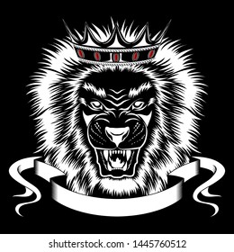 Vector image of a lion in a crown. Image on black background.
