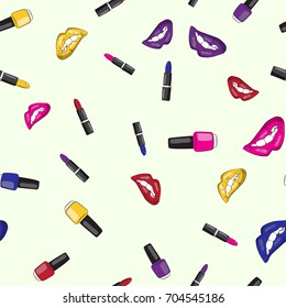 Vector image lips, lipsticks, and nail polish, on a colored background