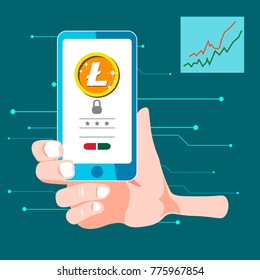 Vector image of Litecoin crypto currency, on mobile phone, in hand, with growth charts. Blockchain.
