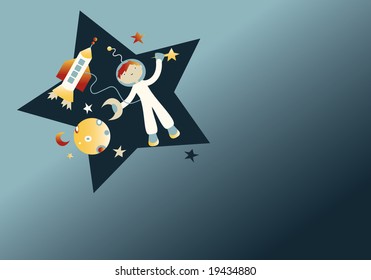 vector image of a little astronaut holding a star and a moon in his hands in front of his space ship