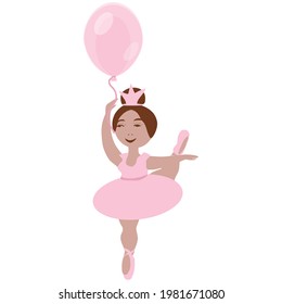 vector image of a little ballerina girl in a pink tutu with a balloon in attitude pose on a white background