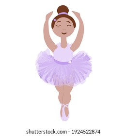 vector image of a little ballerina in a lilac tutu and pointe shoes in a cartoon style