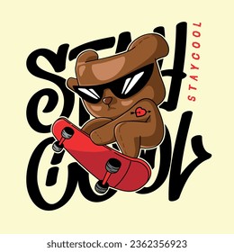 vector image of a little bear playing a skateboard