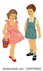 vector image – little boy and girl in retro vintage clothes style 60s