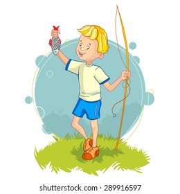 Vector image of a little boy who returns from fishing and holds fish in one hand and rod in another, eps10