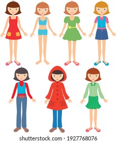 Vector image of little cartoon girl in various clothes