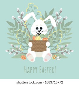 Vector image of a little cheerful bunny with a basket of Easter eggs. Happy easter. Design elements for cards, flyers, banners.