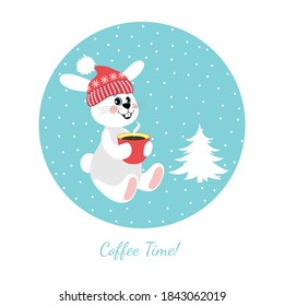 Vector image of a little cheerful hare drinking coffee. illustration for children.