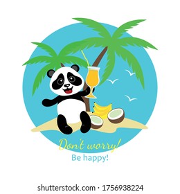 Vector image, little cheerful panda on the beach under the palm trees drinks fresh.