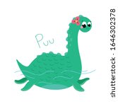 Vector image of a little dinosaur swims in the lake