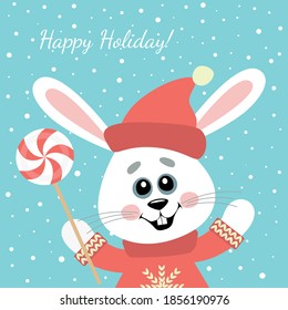 Vector image of a little funny hare with lollipop. Design elements for cards, banners, flyers.