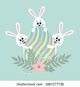 Vektorbild von kleinen lustigen Kaninchen, die sich hinter einem psychoaktiven Ei verstecken. Design-Elemente für Karten, Flyer, Banner.