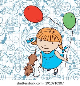 Vector image of little girl with dog and balloons on background of funny doodles insects