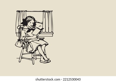 Imagen vectorial - niñita leyendo un libro cerca de la ventana de su casa