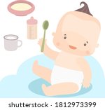 vector image of a little happy kid who smiles and holds a spoon in his hand, on the background of food and utensils.vector stock illustration in cartoon style for printing on postcards,websites, books