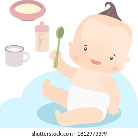 vector image of a little happy kid who smiles and holds a spoon in his hand, on the background of food and utensils.vector stock illustration in cartoon style for printing on postcards,websites, books