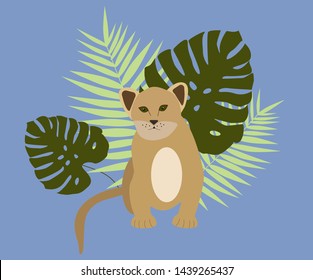 Vector image of little lion againt the vegitation background.