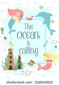 Vector image of little mermaids, dolphin, castle, starfish, crab, seahorse, fish. Marine hand-drawn illustration of underwater kingdom for girl, birthday, holiday, summer party, card, print, poster