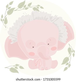 vector image of a little pink elephant in a beautiful lace cap, which sits on a gentle pastel background, decorated with green branches of plants.
stock isolated illustration on white background 