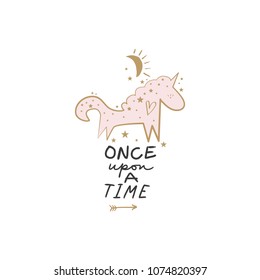 Vector image. Little pink unicorn and lettering. Decor elements for your stuff and graphic design. Good for gift cards and kids products. Clipart, isolated.