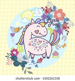 Vector image of a little pony with many decorative elements.