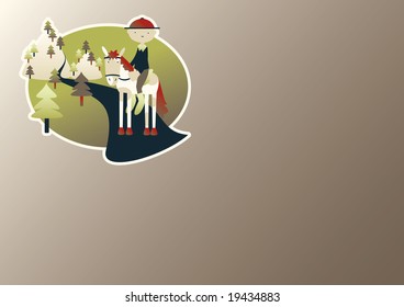 vector image of a little ranger standing with his pony in front of a forest