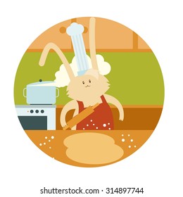 Vector image of little white rabbit which is cooking the food