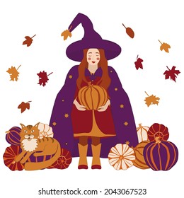 vector image of a little witch girl in a hat and robe with a cat and pumpkins