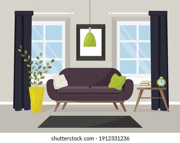 Vector image of a living room with furniture. Sofa with pillows on the background of the windows. Outdoor flower, coffee table, books and clock. Living room.