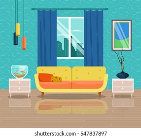 Vector image. Living room interior with furniture and aquarium. Flat design. Cozy home room