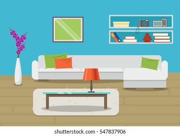 Vector image. Living room interior with furniture and flower. Flat design. Cozy room