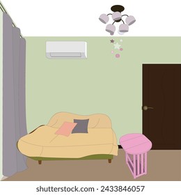 Vector image of a living room with a sofa, coffee table, air conditioning.