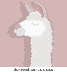 Vector image of a llama on a pink background in profile. Flat illustration with alpaca image for postcards, posters, websites.