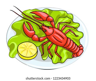 Vector image of lobster, red, boiled crayfish on a plate, lobster on a dish, with lemon and lettuce