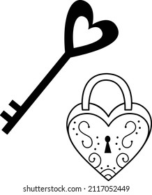 Vector image of a lock with a key. An element of the decor of a wedding celebration. valentine's day. Logo, icon. A simple contour vector, website or mobile application. Icon.