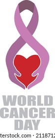 
a vector image of a logo about world cancer day in the form of a ribbon with purple hands holding a heart