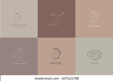 
Vector image. Logo for business in the industry of beauty, health, personal hygiene. Beautiful image of a female face. Linear stylized image. Logo of a beauty salon, health industry, makeup artist.